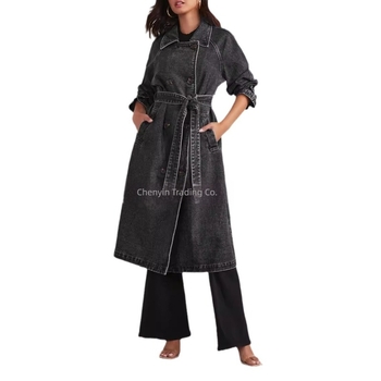 Női hosszú trench kabát denim-pamut anyagból, záródás több csattal, dupla zsebek, bélelt, hossz 100 cm felett