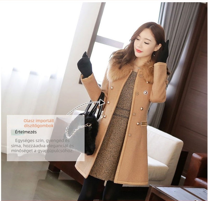 Női tweed kabát, középhosszú, slim fit, reveres gallér, hosszú ujjú, műszálas gyapjú szövet