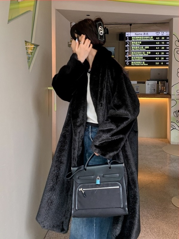 Mesterséges prémes kabát, meghosszabbított hossz (>100 cm), téli 2024, utcai stílus, hosszú ujjak