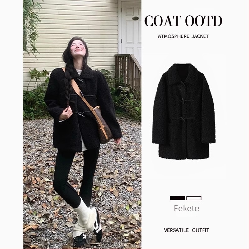 Női dzseki poliészterből fleece béléssel, egyszínű kivitel, középmagas hossz, hosszú ujjú, galléros, laza szabás, mindennapi japán–koreai stílus, őszi–téli 2025.