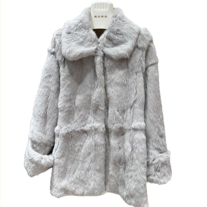 Női nyúlszőr kabát hosszú ujjú, négyszögletes gallérral, középhosszú, valódi szőrme