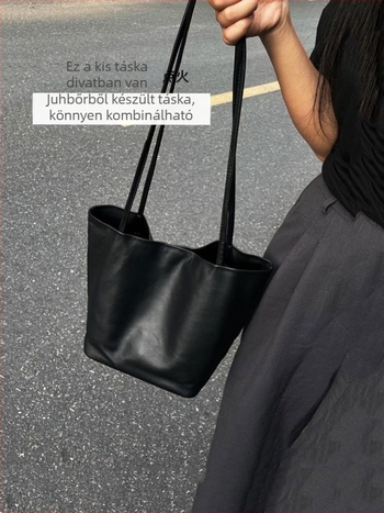 Természetes bőrből készült bucket táska, városi minimalist stílus, nyitott felső, belső telefonzseb, párnázás nélkül, egy vállpánt