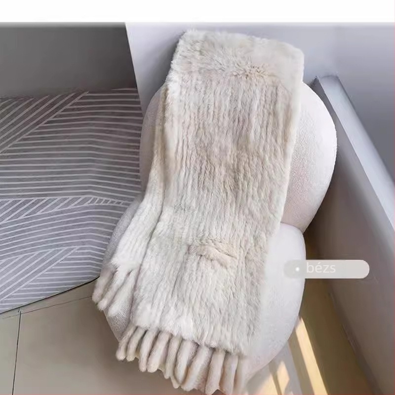 Kétoldalas nyúl szőrös kötött sál nőknek, zsebbel, téli meleg