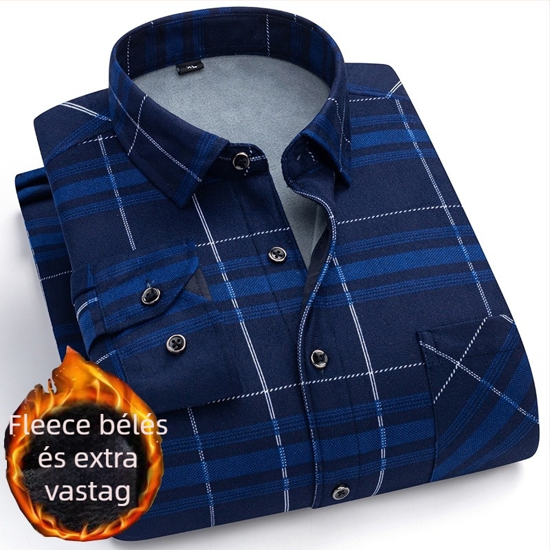Férfi téli plüssbéléses kockás ing, hosszú ujjú, zsebbel