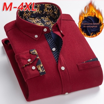 Férfi téli corduroy ing fleece-béléssel, hosszú ujjú kardigán stílusban