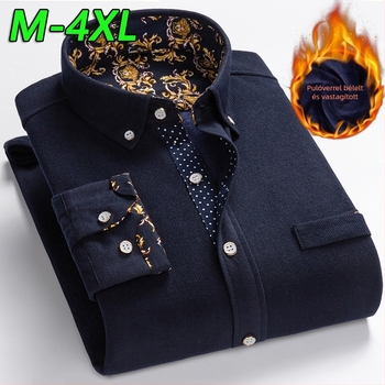 Férfi téli corduroy ing fleece-béléssel, hosszú ujjú kardigán stílusban
