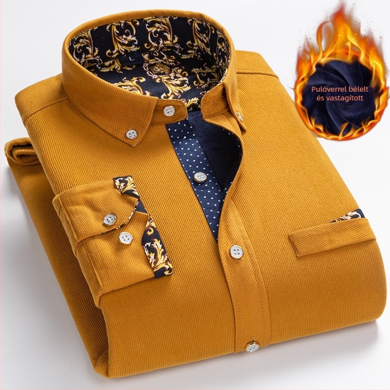 Férfi téli corduroy ing fleece-béléssel, hosszú ujjú kardigán stílusban