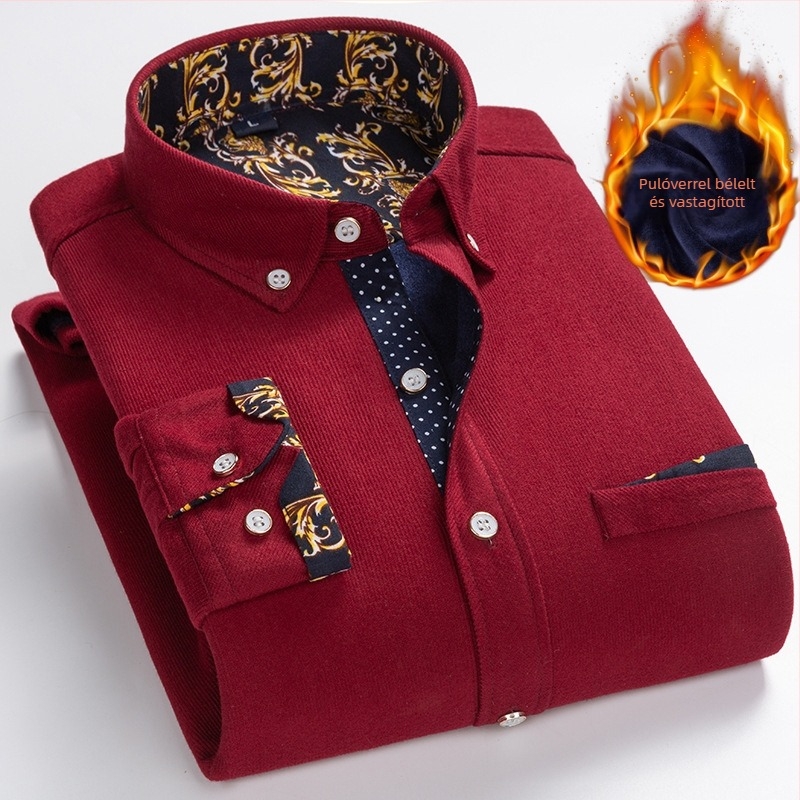Férfi téli corduroy ing fleece-béléssel, hosszú ujjú kardigán stílusban