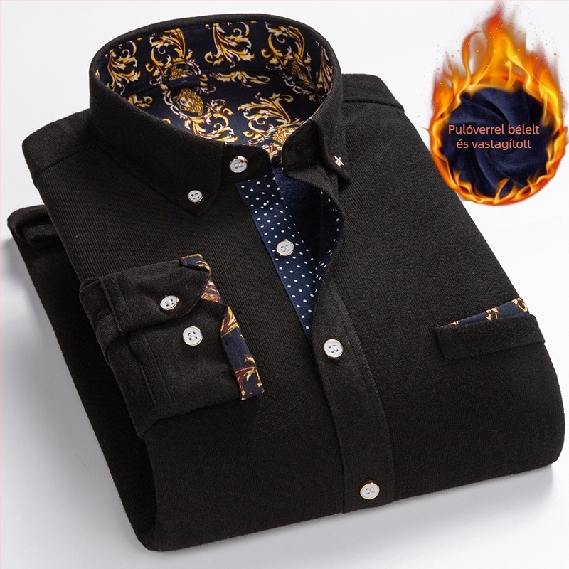 Férfi téli corduroy ing fleece-béléssel, hosszú ujjú kardigán stílusban