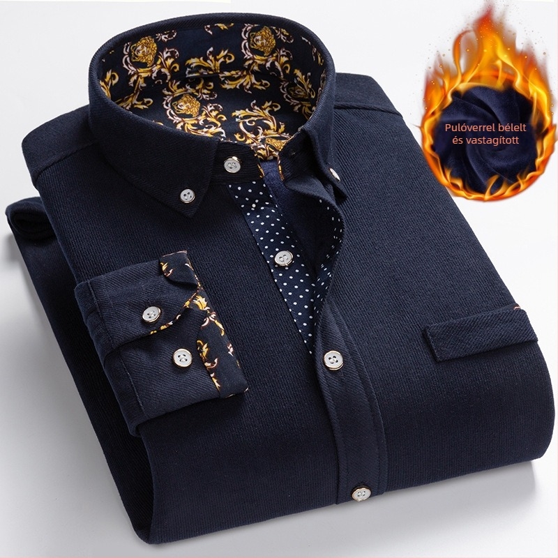 Férfi téli corduroy ing fleece-béléssel, hosszú ujjú kardigán stílusban