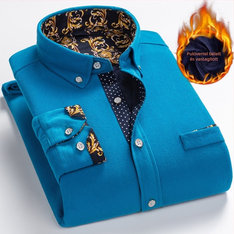 Férfi téli corduroy ing fleece-béléssel, hosszú ujjú kardigán stílusban