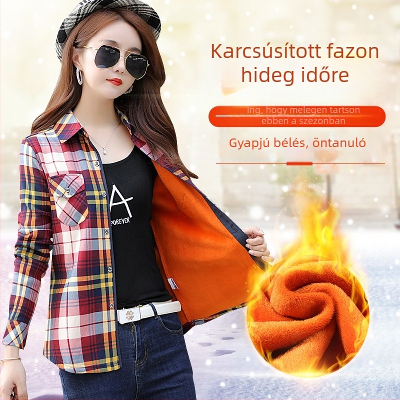 Női kockás ing-ruha kabát meleg plüss béléssel, karcsú szabás, ősz-tél