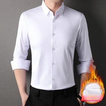 Férfi téli fleece-béléses ing, galléros, hosszú ujjú, egyszínű minta, poliészter-elasztán keverék, vasalásmentes, üzleti casual, 2025 tél