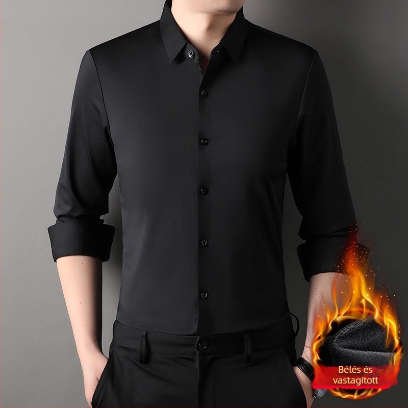 Férfi téli fleece-béléses ing, galléros, hosszú ujjú, egyszínű minta, poliészter-elasztán keverék, vasalásmentes, üzleti casual, 2025 tél