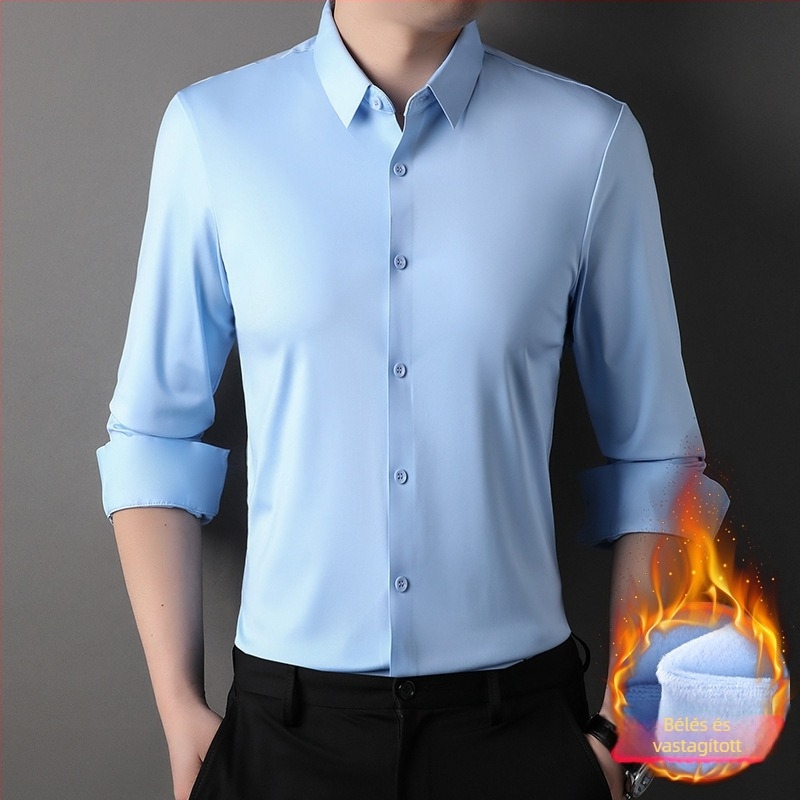 Férfi téli fleece-béléses ing, galléros, hosszú ujjú, egyszínű minta, poliészter-elasztán keverék, vasalásmentes, üzleti casual, 2025 tél