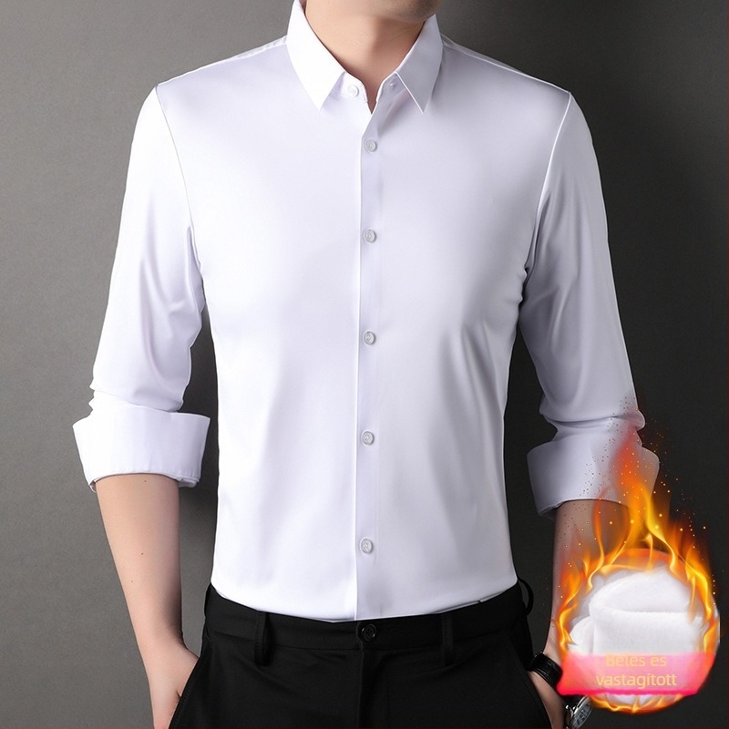 Férfi téli fleece-béléses ing, galléros, hosszú ujjú, egyszínű minta, poliészter-elasztán keverék, vasalásmentes, üzleti casual, 2025 tél