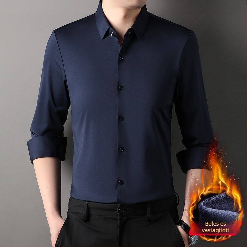 Férfi téli fleece-béléses ing, galléros, hosszú ujjú, egyszínű minta, poliészter-elasztán keverék, vasalásmentes, üzleti casual, 2025 tél