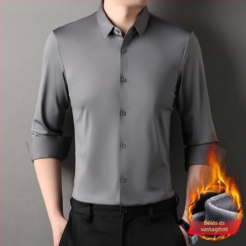 Férfi téli fleece-béléses ing, galléros, hosszú ujjú, egyszínű minta, poliészter-elasztán keverék, vasalásmentes, üzleti casual, 2025 tél