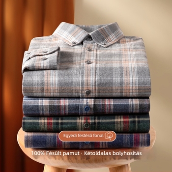 Férfi kockás ing 100% pamutból bolyhosított felülettel, hosszú ujjú, őszi-téli, lezser, vastag