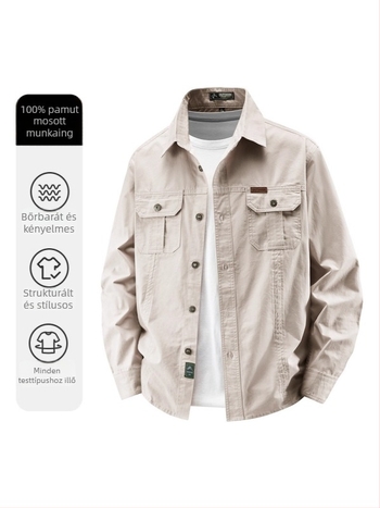 Férfi pamut ing üzleti és szabadidős viselethez, hosszú ujjú, egyszínű, bő szabásvonal, tavasz-őszi szezon