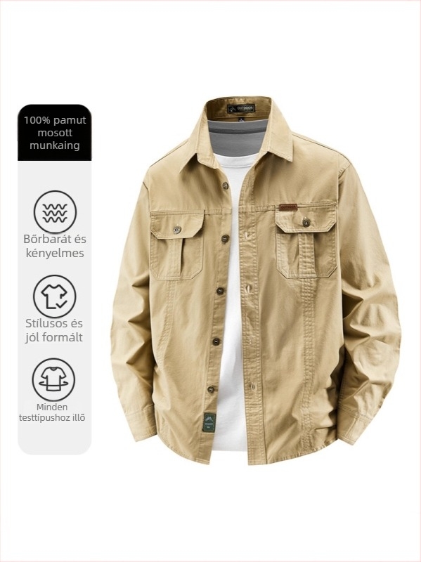 Férfi pamut ing üzleti és szabadidős viselethez, hosszú ujjú, egyszínű, bő szabásvonal, tavasz-őszi szezon