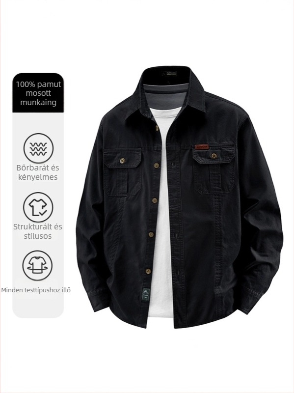 Férfi pamut ing üzleti és szabadidős viselethez, hosszú ujjú, egyszínű, bő szabásvonal, tavasz-őszi szezon