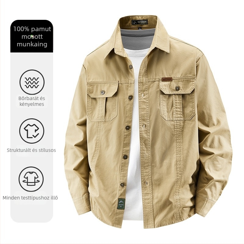 Férfi pamut ing üzleti és szabadidős viselethez, hosszú ujjú, egyszínű, bő szabásvonal, tavasz-őszi szezon