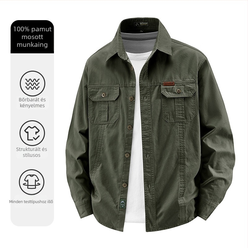 Férfi pamut ing üzleti és szabadidős viselethez, hosszú ujjú, egyszínű, bő szabásvonal, tavasz-őszi szezon