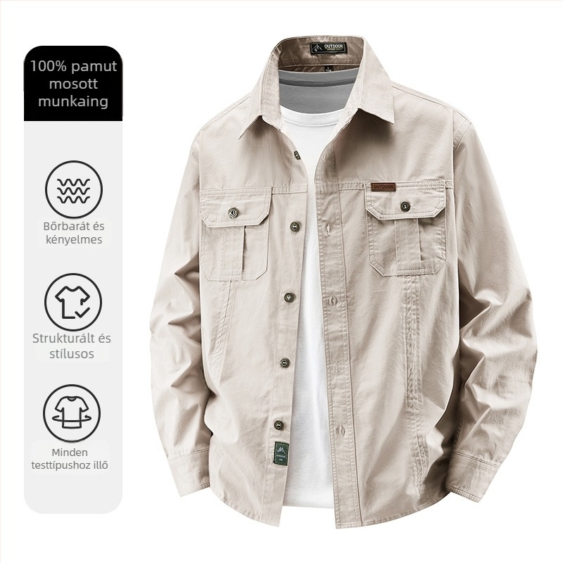 Férfi pamut ing üzleti és szabadidős viselethez, hosszú ujjú, egyszínű, bő szabásvonal, tavasz-őszi szezon