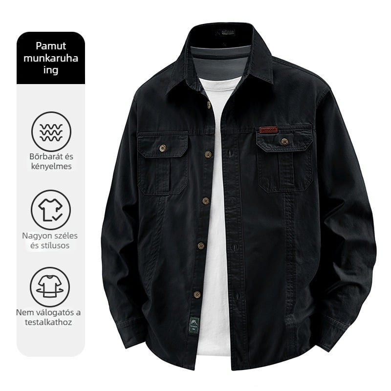 Férfi pamut ing üzleti és szabadidős viselethez, hosszú ujjú, egyszínű, bő szabásvonal, tavasz-őszi szezon