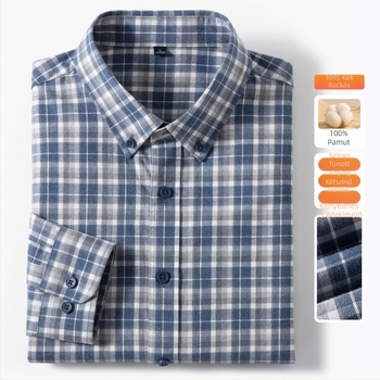 Férfi pamutból készült kockás ing, bolyhosított felülettel, slim-fit, hosszú ujjú