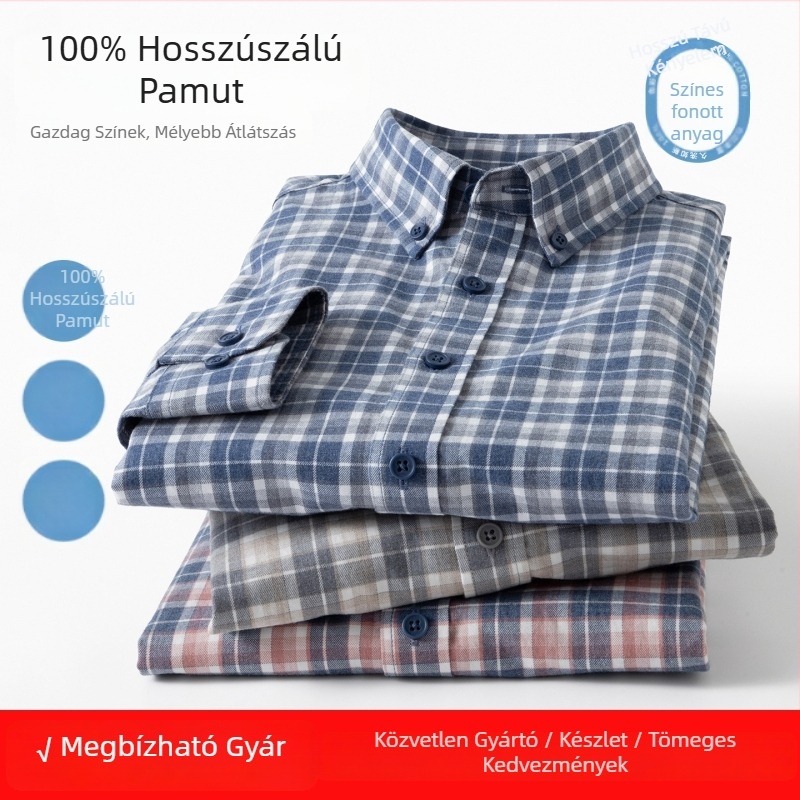 Férfi pamutból készült kockás ing, bolyhosított felülettel, slim-fit, hosszú ujjú