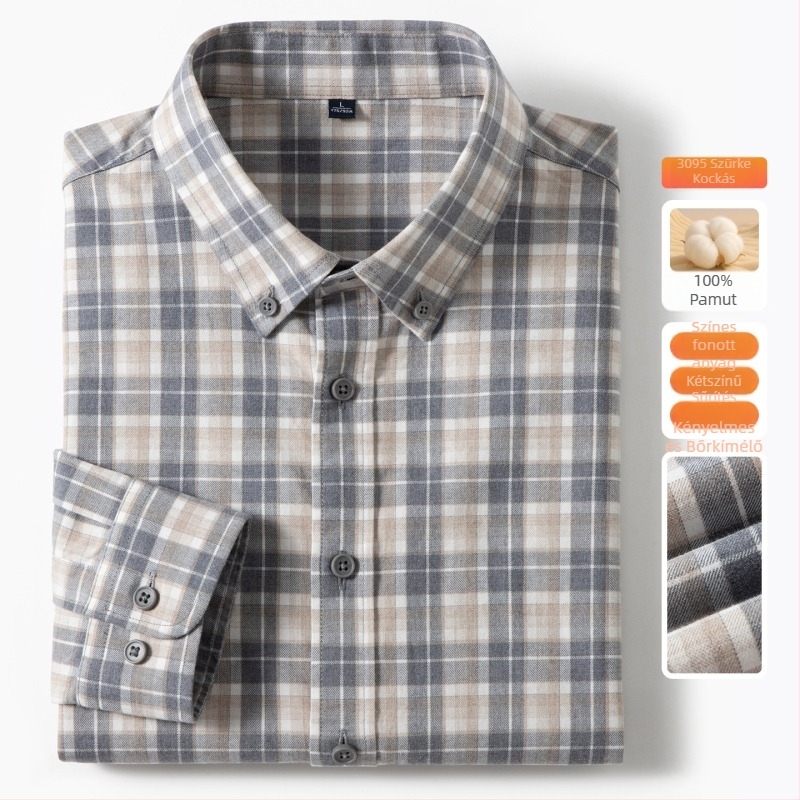Férfi pamutból készült kockás ing, bolyhosított felülettel, slim-fit, hosszú ujjú