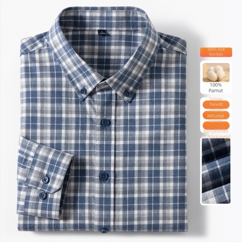 Férfi pamutból készült kockás ing, bolyhosított felülettel, slim-fit, hosszú ujjú