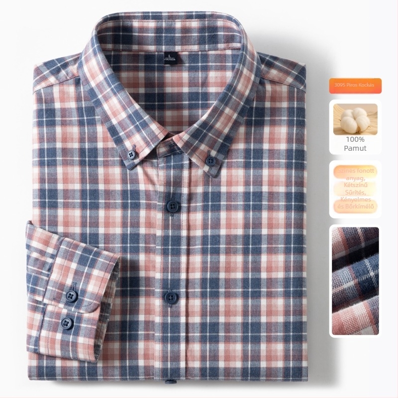 Férfi pamutból készült kockás ing, bolyhosított felülettel, slim-fit, hosszú ujjú