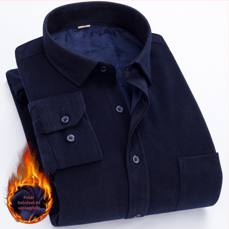 Corduroy ing fleece béléssel, vastag és meleg, hosszú ujjú, négyzetes gallér, zseb részlet