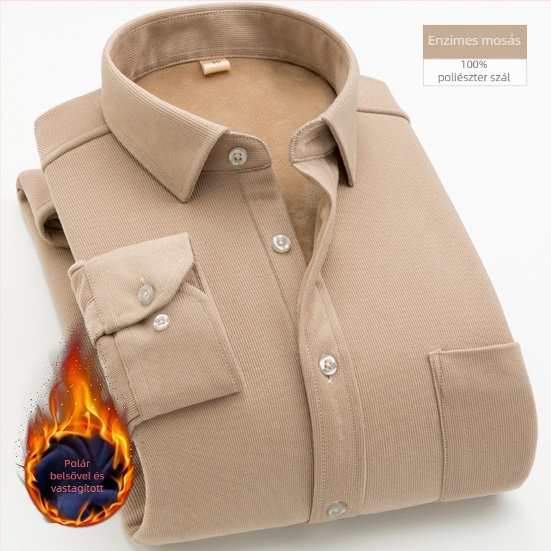 Corduroy ing fleece béléssel, vastag és meleg, hosszú ujjú, négyzetes gallér, zseb részlet