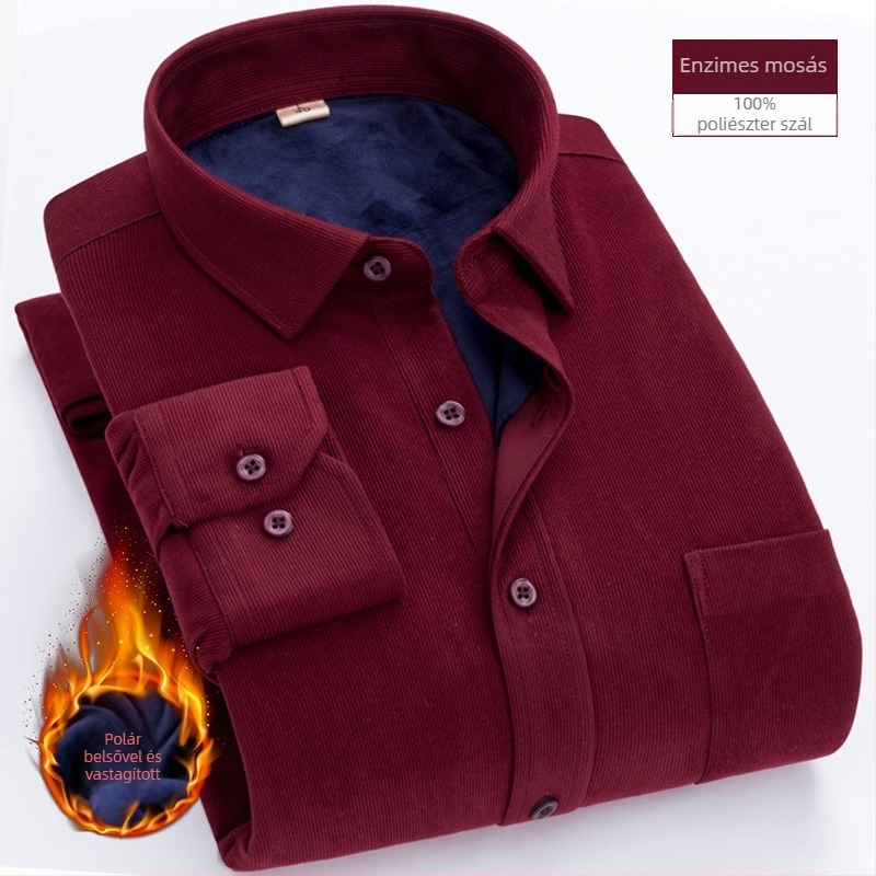 Corduroy ing fleece béléssel, vastag és meleg, hosszú ujjú, négyzetes gallér, zseb részlet