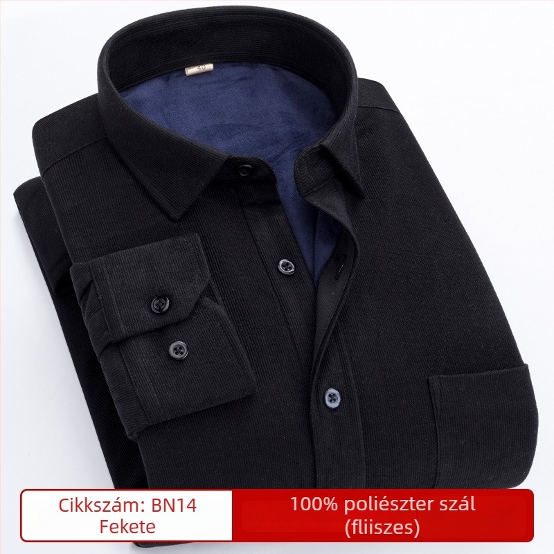 Corduroy ing fleece béléssel, vastag és meleg, hosszú ujjú, négyzetes gallér, zseb részlet