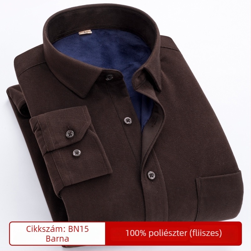 Corduroy ing fleece béléssel, vastag és meleg, hosszú ujjú, négyzetes gallér, zseb részlet