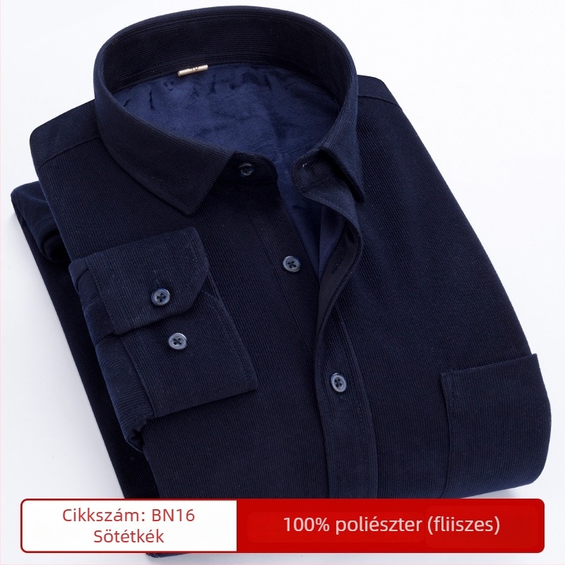 Corduroy ing fleece béléssel, vastag és meleg, hosszú ujjú, négyzetes gallér, zseb részlet