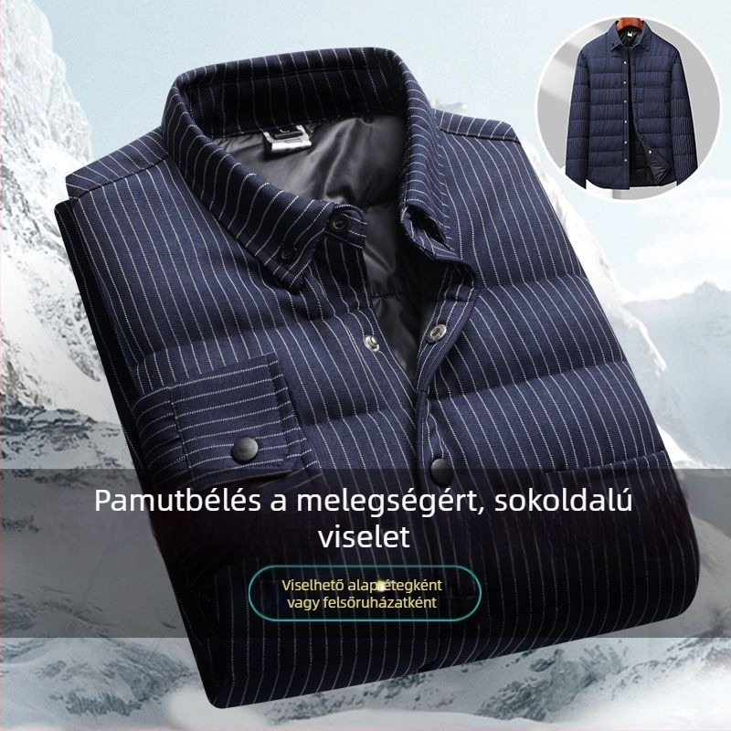 Férfi kockás fleece-betétes töltött ing-szerű kabát, hosszú ujjú, meleg téli viselet