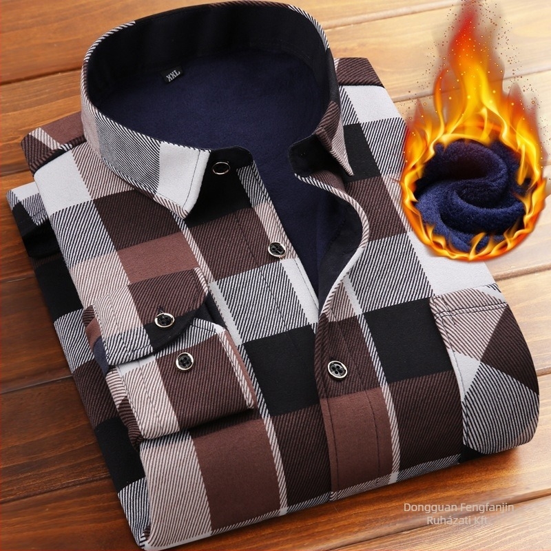 Férfi fleece kockás ing, meleg és vastag, hosszú ujjú, plusz méret, középkorú és idősebb férfiak számára