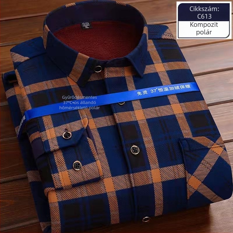 Férfi fleece kockás ing, meleg és vastag, hosszú ujjú, plusz méret, középkorú és idősebb férfiak számára