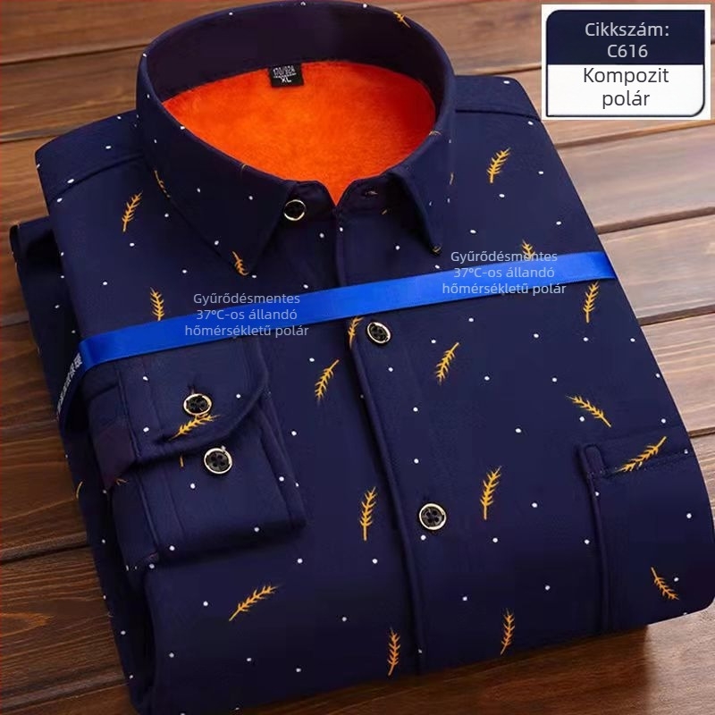 Férfi fleece kockás ing, meleg és vastag, hosszú ujjú, plusz méret, középkorú és idősebb férfiak számára