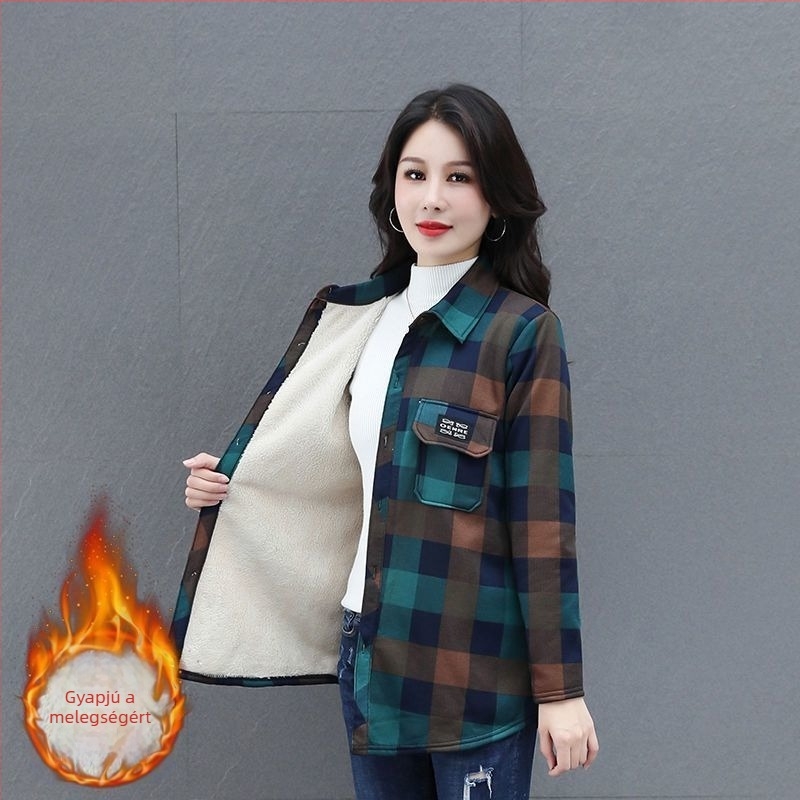 Pluszméretű női kockás meleg ing bélelt, laza szabású, középhosszú, őszi-téli