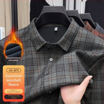 Férfi gyapjúkeverékből készült kockás ing fleece-béléssel, hosszú ujjú, laza szabású, téli melegen.