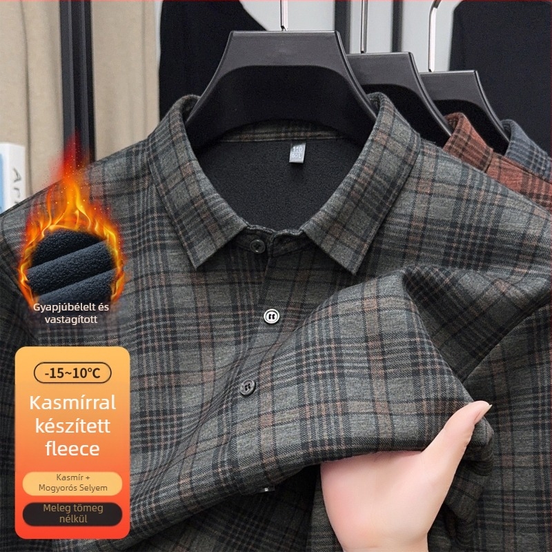 Férfi gyapjúkeverékből készült kockás ing fleece-béléssel, hosszú ujjú, laza szabású, téli melegen.