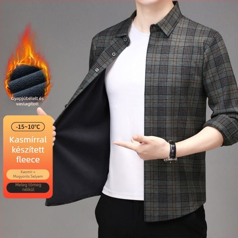 Férfi gyapjúkeverékből készült kockás ing fleece-béléssel, hosszú ujjú, laza szabású, téli melegen.