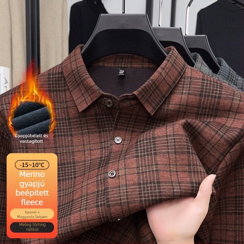 Férfi gyapjúkeverékből készült kockás ing fleece-béléssel, hosszú ujjú, laza szabású, téli melegen.